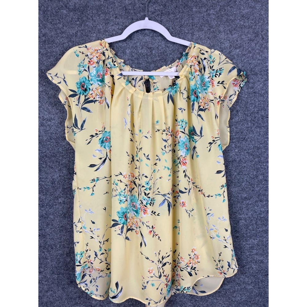 LC Lauren Conrad Floral Blouse Womens XXL Yellow Excellent Short Sleeve Tie Back